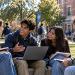 College students interacting and studying together on a university campus in the USA, representing scholarship opportunities for 2027.