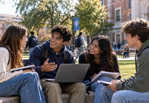 College students interacting and studying together on a university campus in the USA, representing scholarship opportunities for 2027.