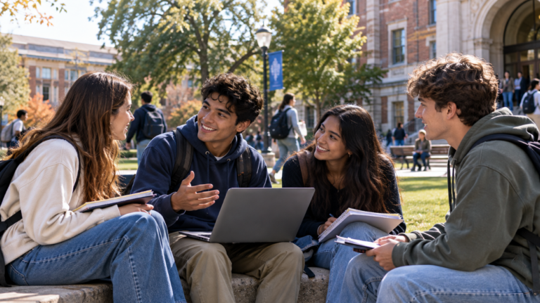 College students interacting and studying together on a university campus in the USA, representing scholarship opportunities for 2027.