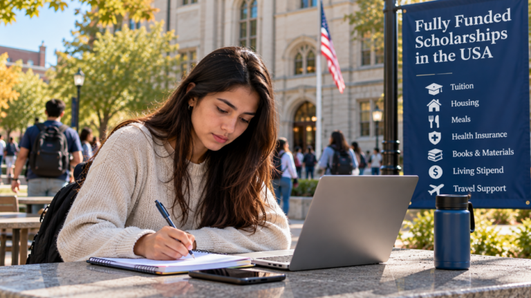 Fully funded scholarships in the USA covering tuition, housing, meals, health insurance, books, and living expenses in 2027.