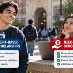 Two college students representing merit-based and need-based scholarships at a university campus in the USA.