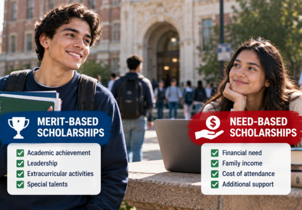 Two college students representing merit-based and need-based scholarships at a university campus in the USA.