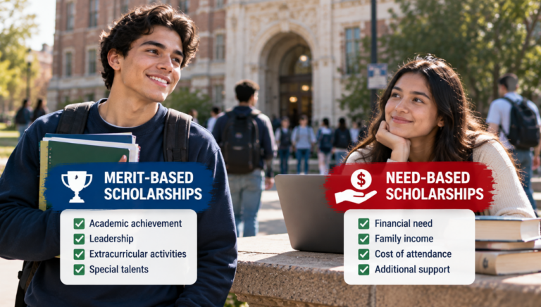 Two college students representing merit-based and need-based scholarships at a university campus in the USA.