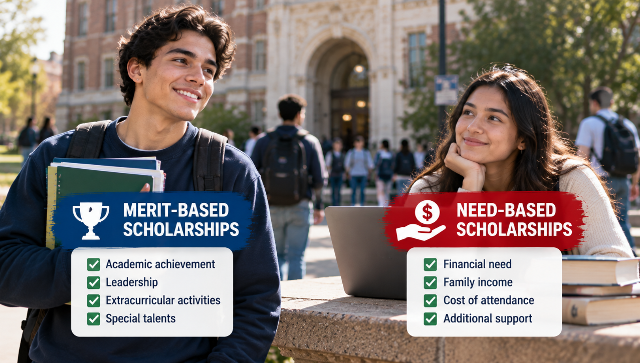 Two college students representing merit-based and need-based scholarships at a university campus in the USA.