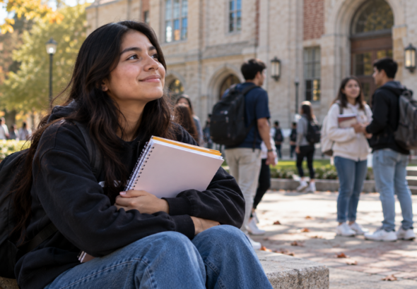 Young college student on a US university campus representing scholarship opportunities for undocumented students in 2027.