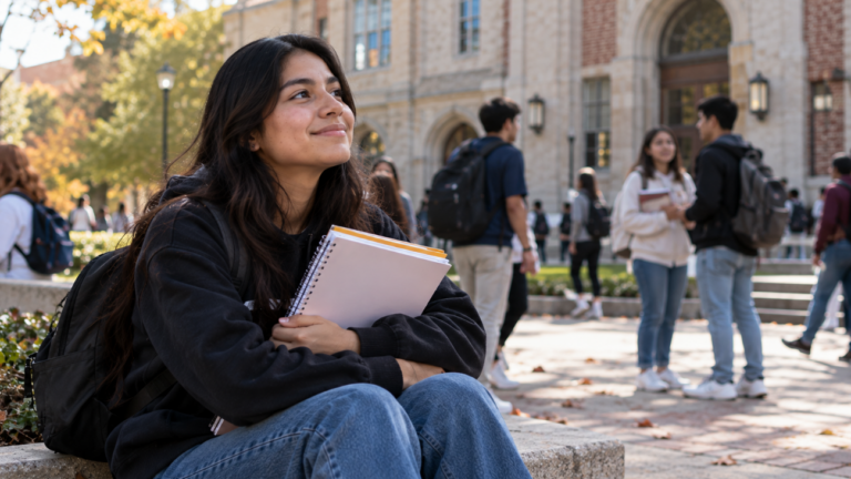 Young college student on a US university campus representing scholarship opportunities for undocumented students in 2027.