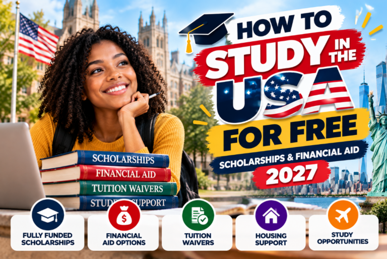Young Black student exploring scholarships and financial aid to study in the USA for free in 2027.